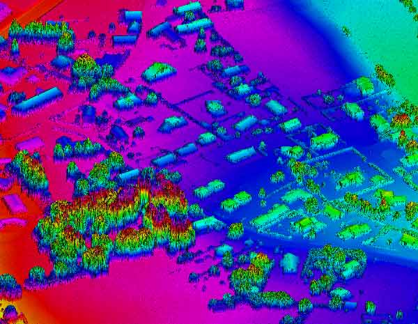 Colourized geospatial point cloud showing terrain and built features